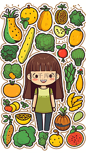 面部贴纸插画图片_卡通手绘少女女孩贴纸蔬菜水果