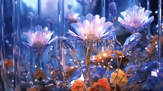 合成镭射插画图片_未来感玻璃质感花朵植物
