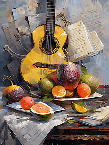 吉他创意插画图片_油画风插画静物水果餐具乐器