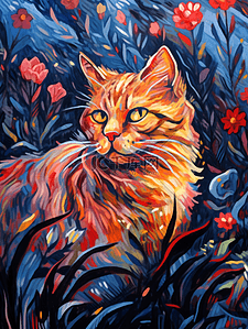 油画风插画动物花丛中的猫