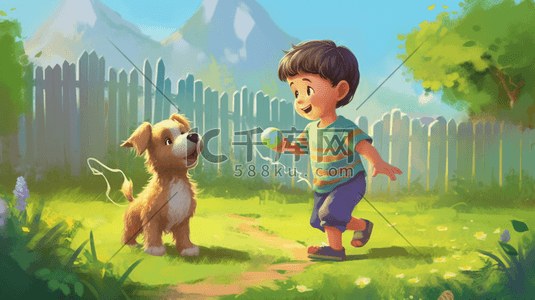 狗玩插画图片_一个孩子在草坪上和一只狗玩耍