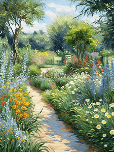 美丽创意插画图片_油画风插画花园中的植物花卉