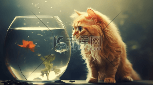 水族鱼缸插画图片_一只猫看着鱼缸里的鱼