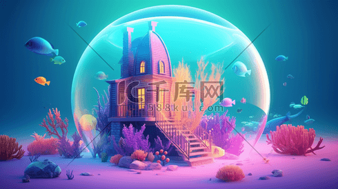 玻璃球海底小屋插画