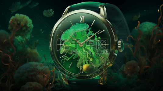 钟表高级插画图片_绿色可爱的植物图案钟表数字艺术插画