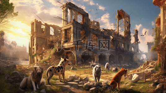 废墟建筑和动物的结合野性的废墟