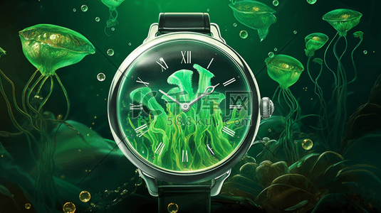 手表机芯图插画图片_绿色可爱的手表花数字艺术插画