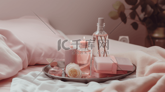 粉红色床和粉色化妆品插画
