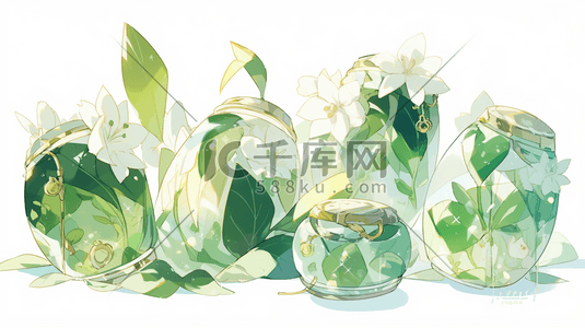 绿色透明感水晶苹果百合花数字艺术插画