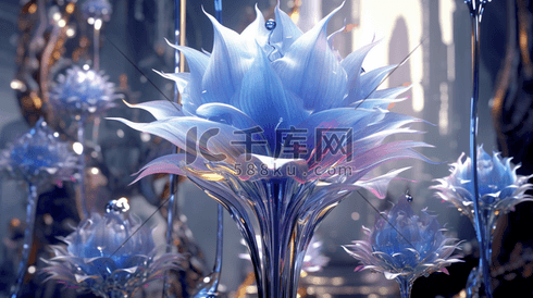 蓝色未来感玻璃质感花朵植物