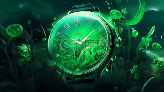 炫酷手表插画图片_绿色可爱的植物图案手表数字艺术插画