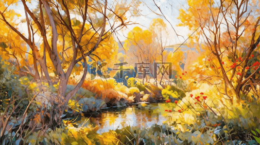 油画风插画秋天野外风景