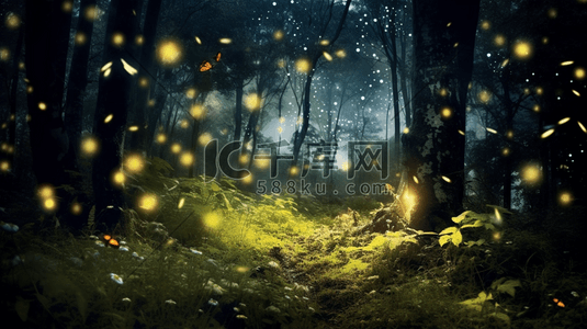 海里的萤火虫插画图片_萤火虫在森林中飞舞