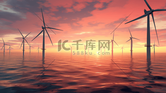 绿色风力发电插画图片_黄昏海上风力发电