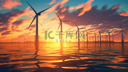 风力发电绿色环保插画图片_黄昏海上风力发电