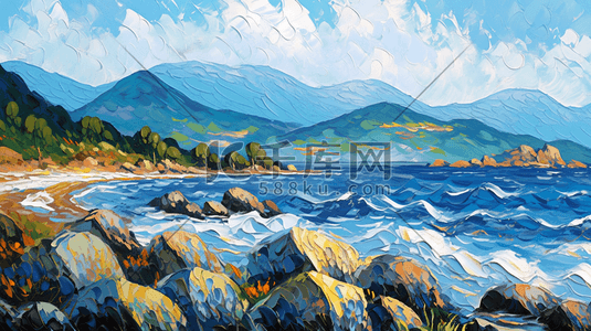 海滩文艺插画图片_油画风插画海边自然风景