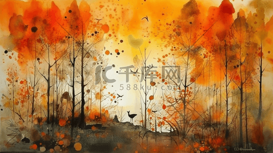 流动的油插画图片_橙红色森林美景