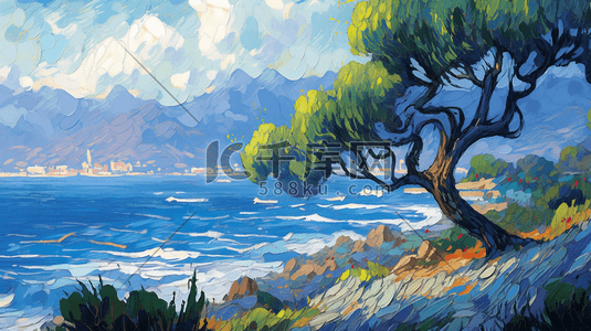 油画风插画海边自然风景