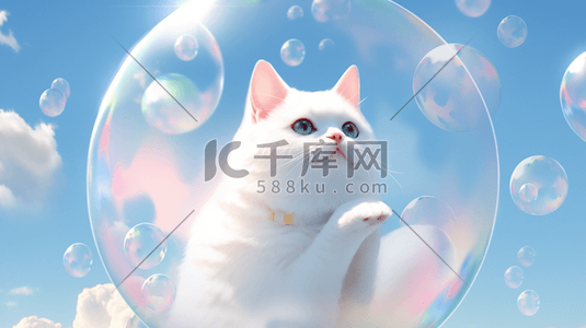 气泡猫插画图片_3D梦幻泡泡和小猫