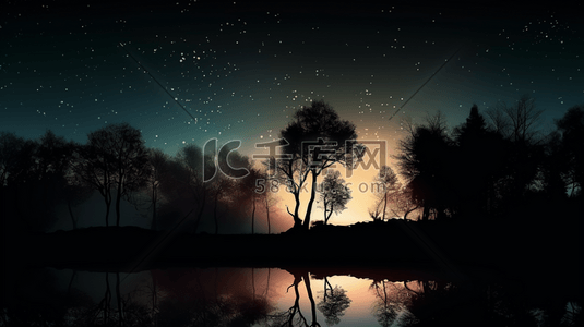 海口轮廓图插画图片_夜间水域附近树木的轮廓