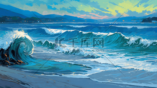 大海抽象插画图片_油画风插画海滩自然风景