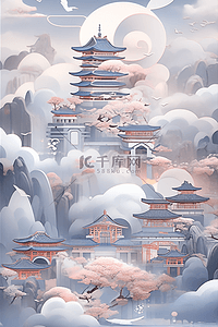 青色国潮插画图片_青色唯美国潮亭台楼阁大场景