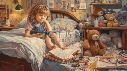 调皮女女插画图片_坐在床上画画的小女孩