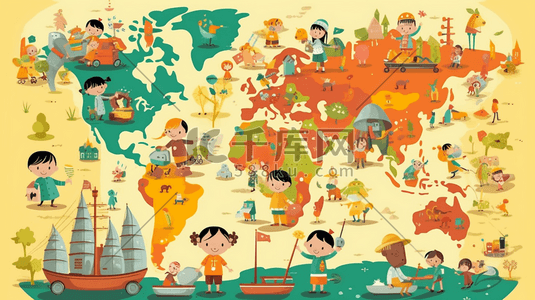 亚洲朋友插画图片_儿童风格世界地图插画