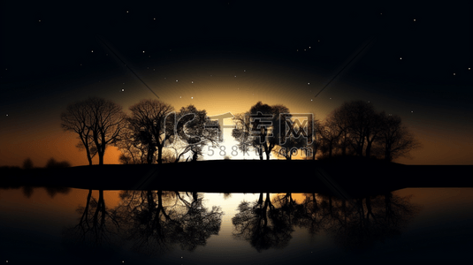 山西省轮廓插画图片_夜间水域附近树木的轮廓