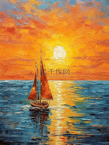 出海插画图片_出海海面夕阳油画风景图唯美治愈暖色手绘