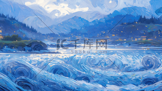 抽象海浪插画图片_油画风插画海边自然风景