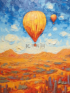 手绘风景图插画图片_热气球沙漠油画风景图唯美治愈暖色手绘
