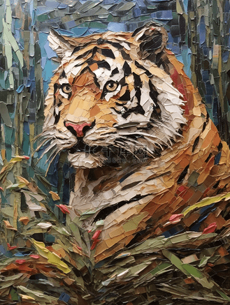 油画厚涂插画动物老虎