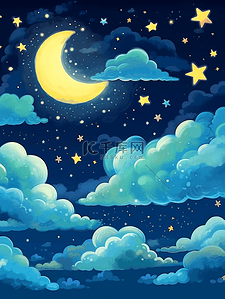 卡通月亮云朵插画图片_唯美可爱卡通夜晚天空星云插画