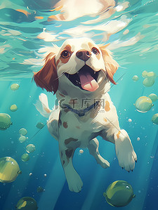 爱心斑点狗插画图片_斑点狗水下游泳可爱水泡夏天清凉