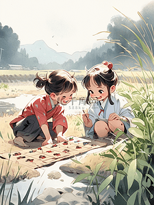 中国小孩插画图片_小学课本教材风格插画小孩在田野里玩耍