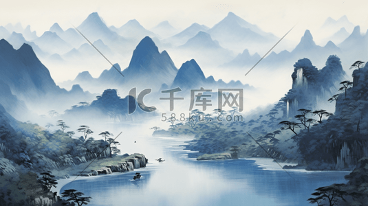 中国山川插画图片_中国水墨山水画烟青色山川河流远景