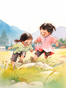 小学课本教材风格插画小孩在田野里玩耍