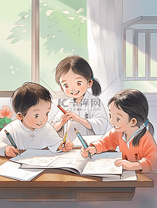 小孩挥手插画图片_小学课本教材风格插画小孩在教室学习