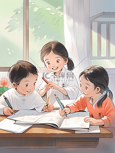 小孩摔倒插画图片_小学课本教材风格插画小孩在教室学习