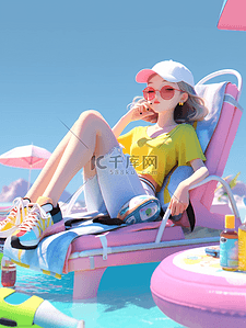 夏日文艺女孩插画图片_夏日多巴胺配色3D立体人物插画度假女孩