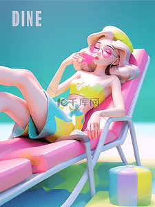 夏日多巴胺配色3D立体人物插画度假女孩