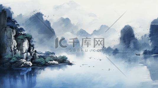 中国山川插画图片_中国水墨山水画烟青色山川河流远景