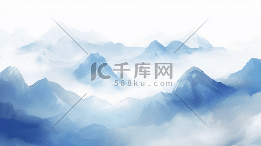 山水画河流插画图片_中国水墨山水画烟青色山川河流远景