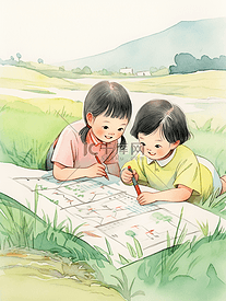 小学课本教材风格插画小孩在田野里做游戏
