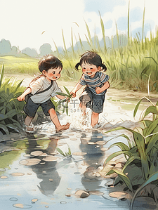 中国小孩插画图片_小学课本教材风格插画小孩在田野里玩耍