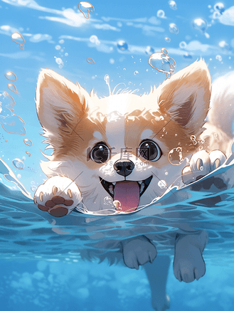 夏天夏季水中游泳小狗游泳
