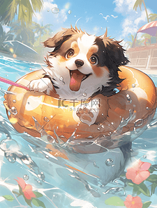 夏天夏季可爱的小狗在水中游泳