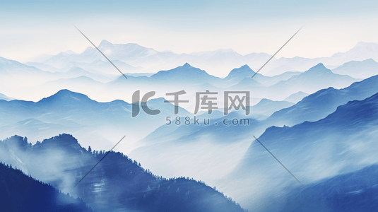 山川人家插画图片_中国水墨山水画烟青色山川河流远景