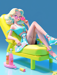 夏日多巴胺配色3D立体人物插画度假女孩